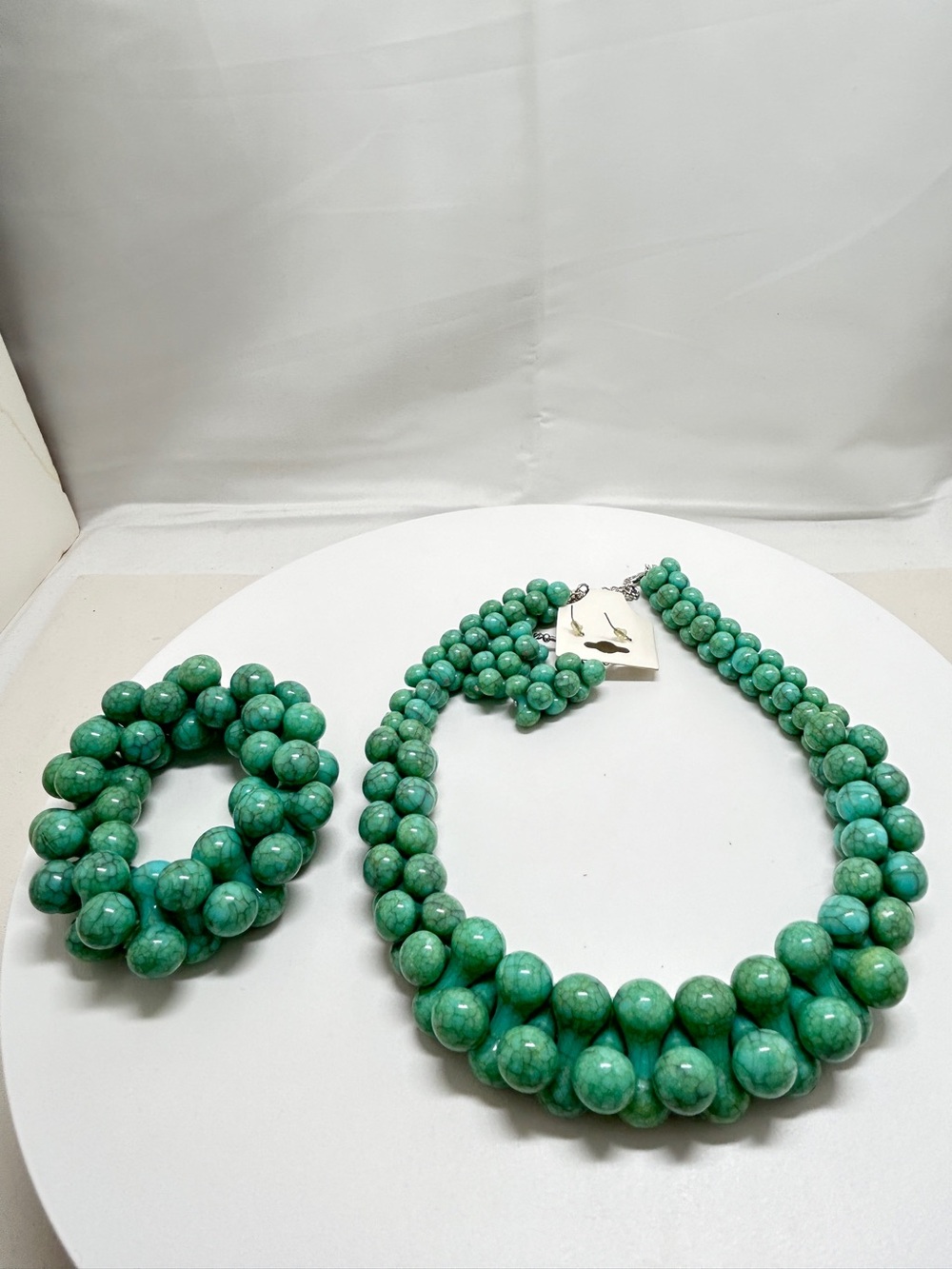Turquoise Chunky Beaded Lucite Necklace, Bracelet, Earrings Set, NOC